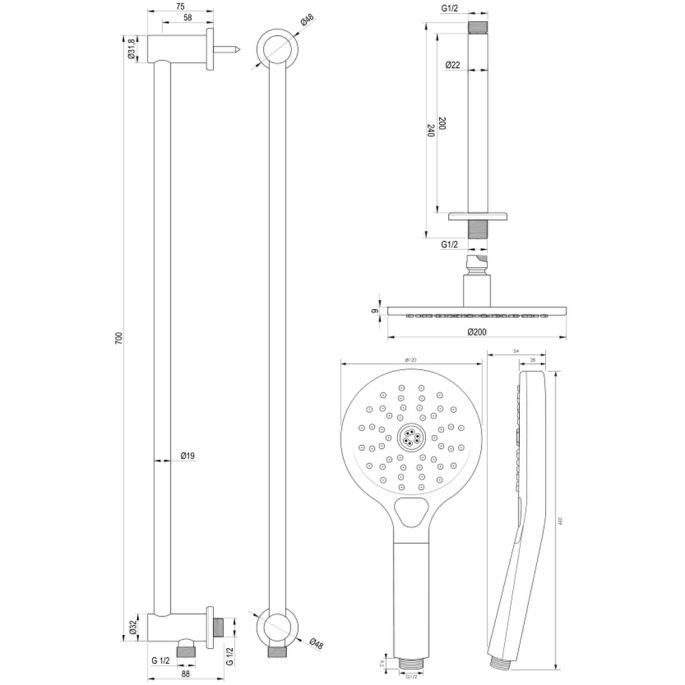 Brauer Edition 5-NG-182 thermostatische inbouw regendouche met drukknoppen SET 71 RVS geborsteld PVD