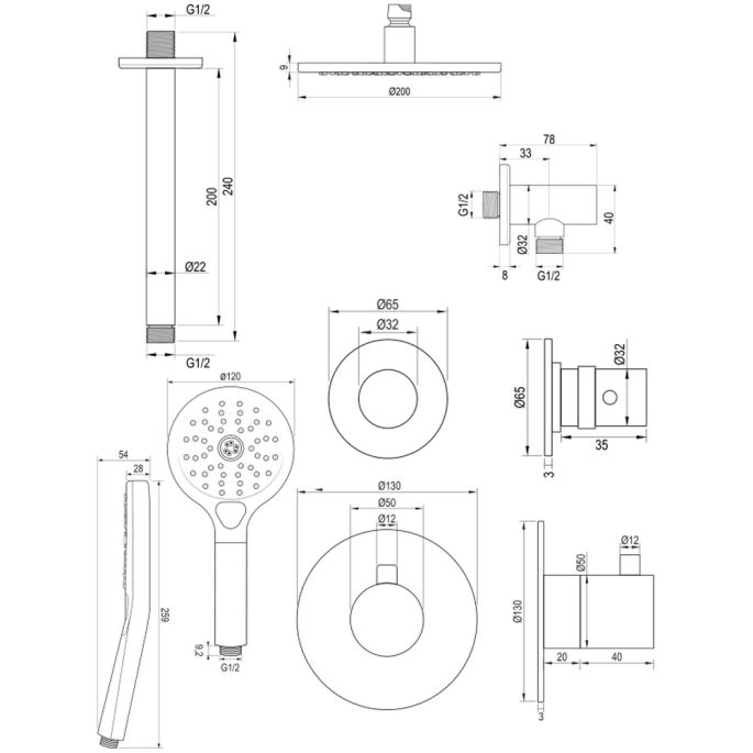 Brauer Edition 5-S-029 thermostatische inbouw regendouche SET 11 mat zwart