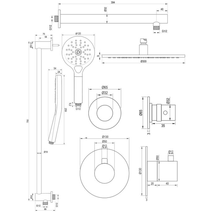 Brauer Edition 5-S-038 thermostatische inbouw regendouche SET 20 mat zwart