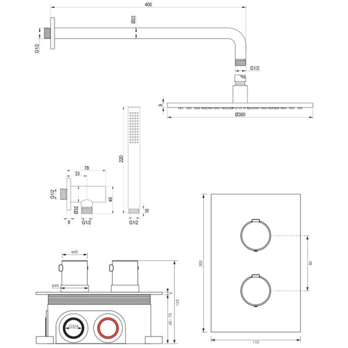 Brauer Edition 5-S-051 thermostatische Unterputz-Regenbrause 3-Wege-Umsteller SET 28 mattschwarz