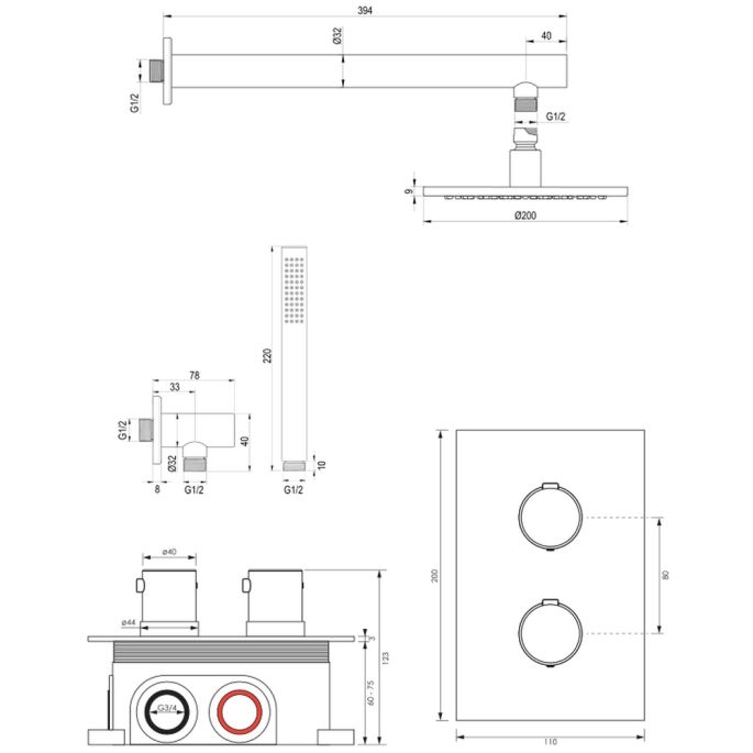 Brauer Edition 5-S-052 thermostatische inbouw regendouche 3-weg omstelling SET 25 mat zwart