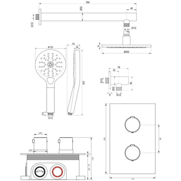 Brauer Edition 5-S-058 thermostatische Unterputz-Regenbrause 3-Wege-Umsteller SET 31 mattschwarz