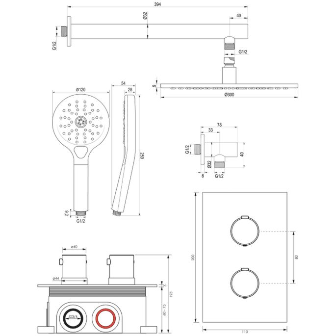 Brauer Edition 5-S-059 thermostatische Unterputz-Regenbrause 3-Wege-Umsteller SET 32 mattschwarz