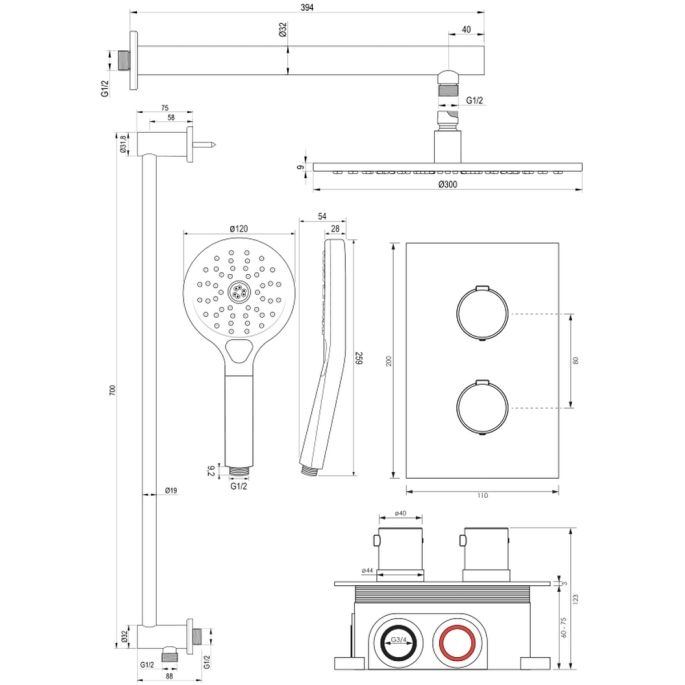Brauer Edition 5-S-071 thermostatische Unterputz-Regenbrause 3-Wege-Umsteller SET 44 mattschwarz