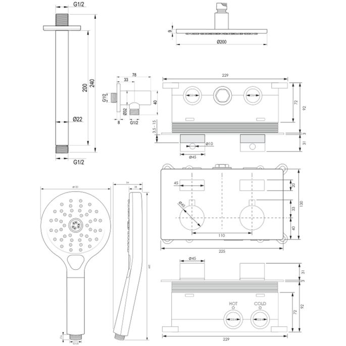 Brauer Edition 5-S-170 thermostatische inbouw regendouche met drukknoppen SET 59 mat zwart