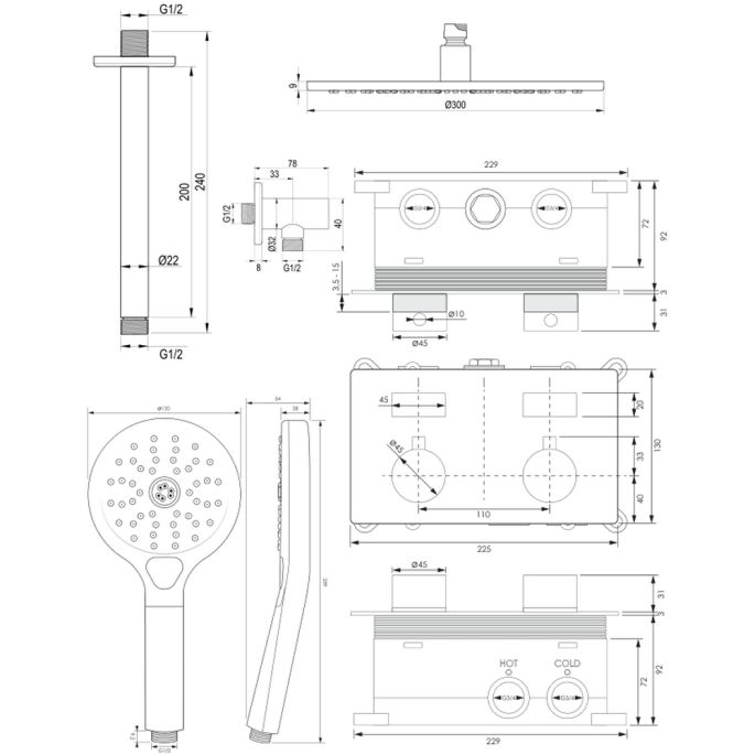 Brauer Edition 5-S-171 thermostatische inbouw regendouche met drukknoppen SET 60 mat zwart