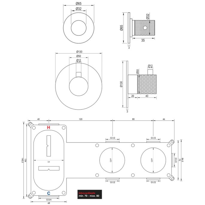 Brauer Schnitzerei 5-GK-096 Thermostat-Unterputz-Wannenbatterie SET 02 Kupfer gebürstet PVD