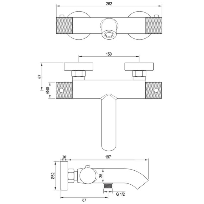 Brauer Carving 5-NG-085-3 opbouw baddouche thermostaatkraan SET 03 RVS geborsteld PVD
