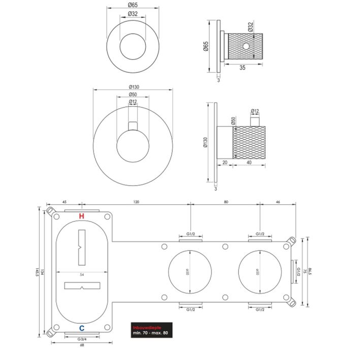 Brauer Carving 5-NG-093 thermostatische inbouw badkraan SET 01 RVS geborsteld PVD