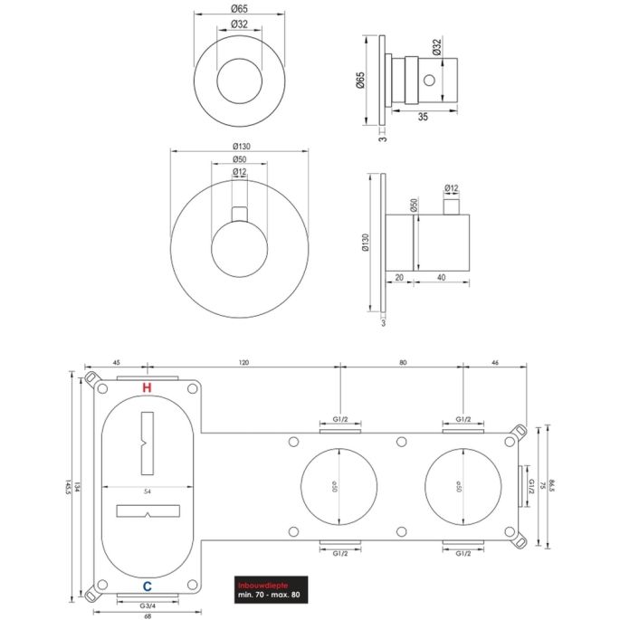 Brauer Edition 5-GK-046 thermostatische inbouw badkraan SET 01 koper geborsteld PVD
