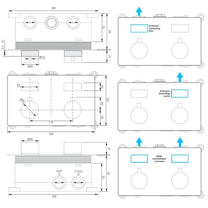 Brauer Edition 5-GK-180 thermostatische inbouw regendouche met drukknoppen SET 69 koper geborsteld PVD