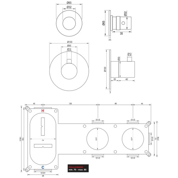 Brauer Edition 5-NG-023 thermostatische inbouw badkraan SET 02 RVS geborsteld PVD