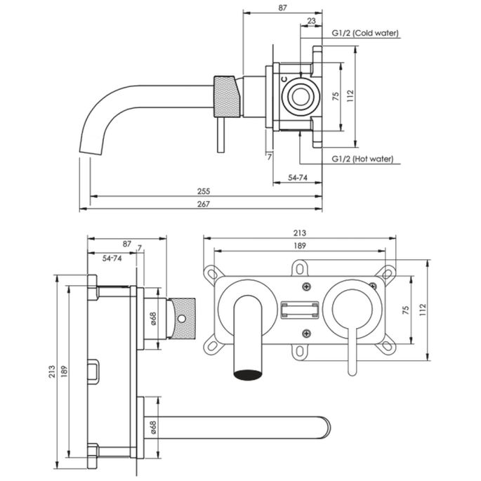 Brauer Carving 5-GM-004-B6-65 inbouw wastafelmengkraan met gebogen uitloop en rozetten model A1 gunmetal geborsteld PVD