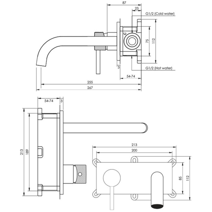 Brauer Carving 5-NG-083-B6 Unterputz-Waschtischmischer mit gebogenem Auslauf und Abdeckplatte Modell A2 Edelstahl gebürstet PVD