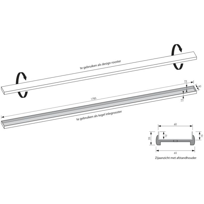 Brauer DR-MRF180NG douchegoot met multifunctioneel rooster en flens 7 x 180cm RVS geborsteld