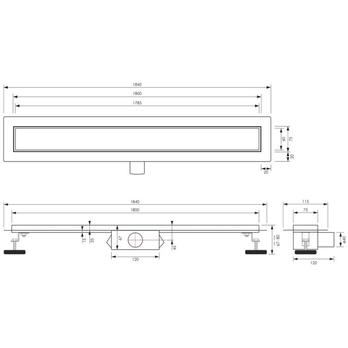 Brauer DR-MRF180NG douchegoot met multifunctioneel rooster en flens 7 x 180cm RVS geborsteld