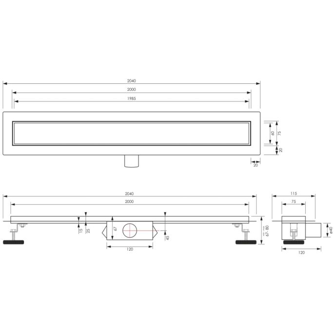 Brauer DR-MRF200NG douchegoot met multifunctioneel rooster en flens 7 x 200cm RVS geborsteld