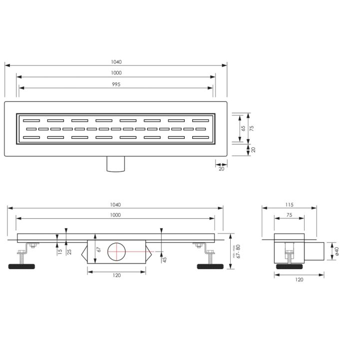 Brauer DR-SRF100S douchegoot met standaard rooster en flens 7 x 100cm mat zwart
