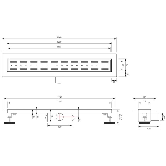 Brauer DR-SRF120NG douchegoot met standaard rooster en flens 7 x 120cm RVS geborsteld