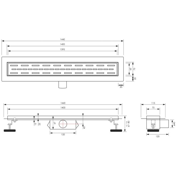 Brauer DR-SRF140S douchegoot met standaard rooster en flens 7 x 140cm mat zwart