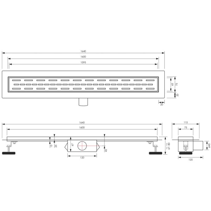 Brauer DR-SRF160S douchegoot met standaard rooster en flens 7 x 160cm mat zwart