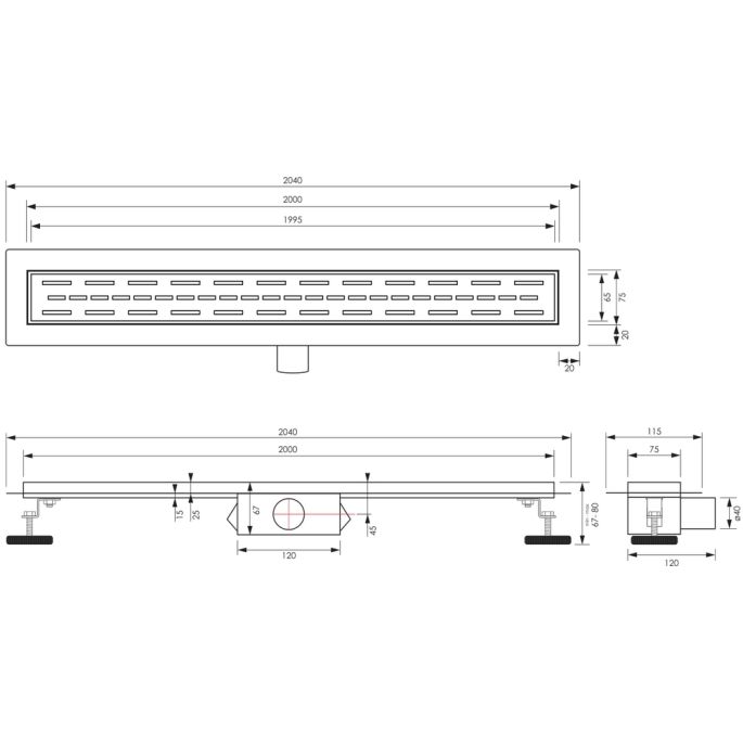 Brauer DR-SRF200S douchegoot met standaard rooster en flens 7 x 200cm mat zwart