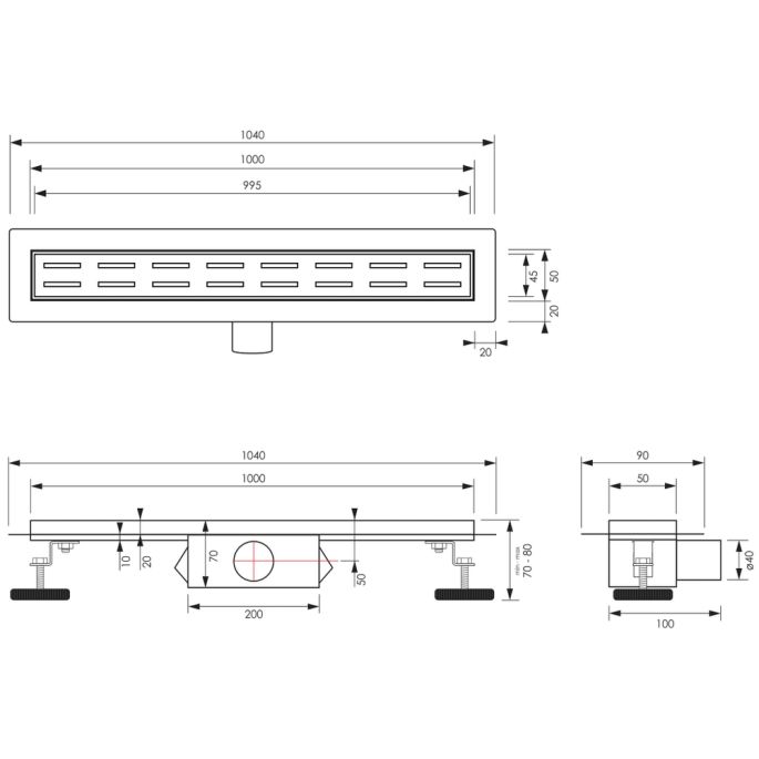 Brauer DR-SSRF100NG douchegoot Small met standaard rooster en flens 5 x 100cm RVS geborsteld