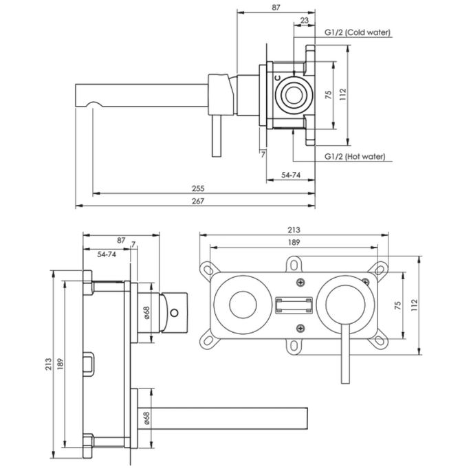 Brauer Edition 5-GM-004-S1-65 inbouw wastafelmengkraan met rechte uitloop en rozetten model E1 gunmetal geborsteld PVD