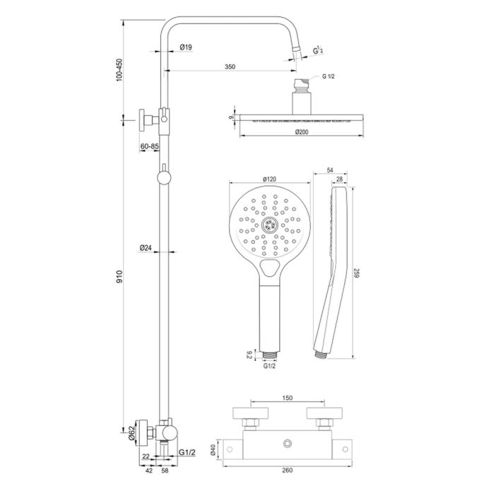 Brauer Edition 5-GM-007-2 body thermostatic rain shower SET 02 gunmetal brushed PVD