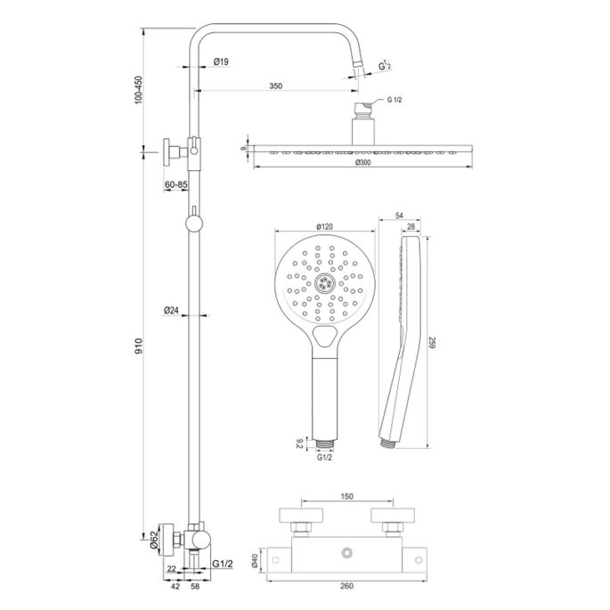 Brauer Edition 5-GM-007-4 body thermostatic rain shower SET 04 gunmetal brushed PVD