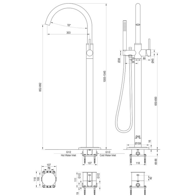 Brauer Edition 5-GM-042-1 freestanding bath mixer SET 01 gunmetal brushed PVD