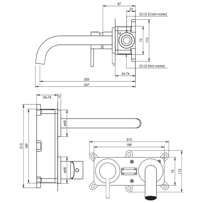 Brauer Edition 5-GM-083-B1-65 Unterputz-Waschtischbatterie mit geschwungenem Auslauf und Abdeckplatten Modell E2 gunmetal gebürstet PVD
