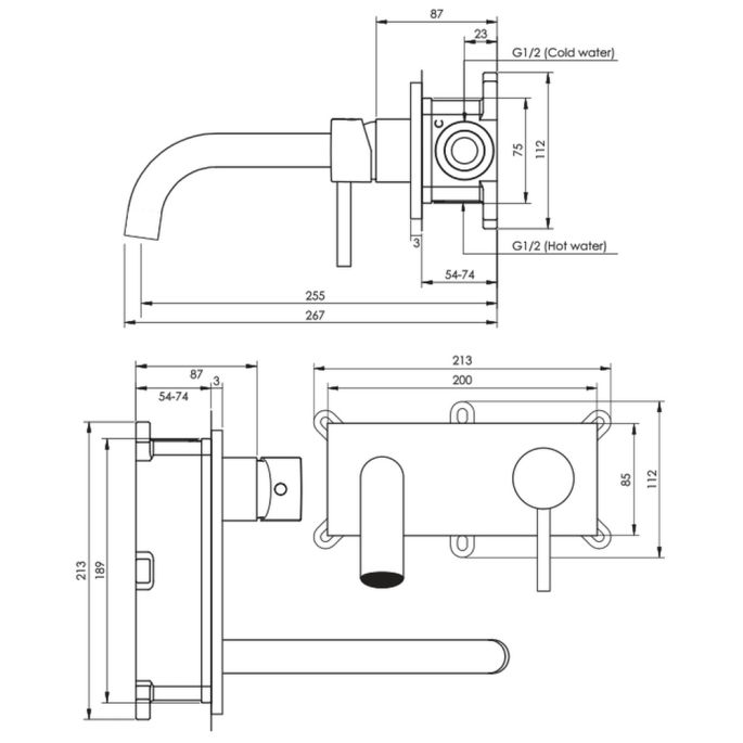Brauer Edition 5-NG-004-B3 Unterputz-Waschtischbatterie mit gebogenem Auslauf und Abdeckplatte Modell C1 Edelstahl gebürstet PVD