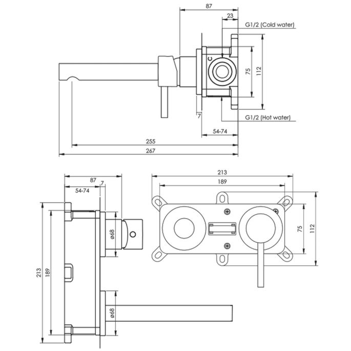 Brauer Edition 5-NG-004-S2-65 inbouw wastafelmengkraan met rechte uitloop en rozetten model A1 RVS geborsteld PVD