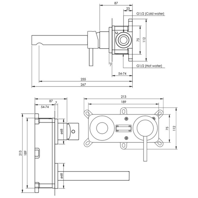 Brauer Edition 5-S-004-S1-65 inbouw wastafelmengkraan met rechte uitloop en rozetten model E1 mat zwart