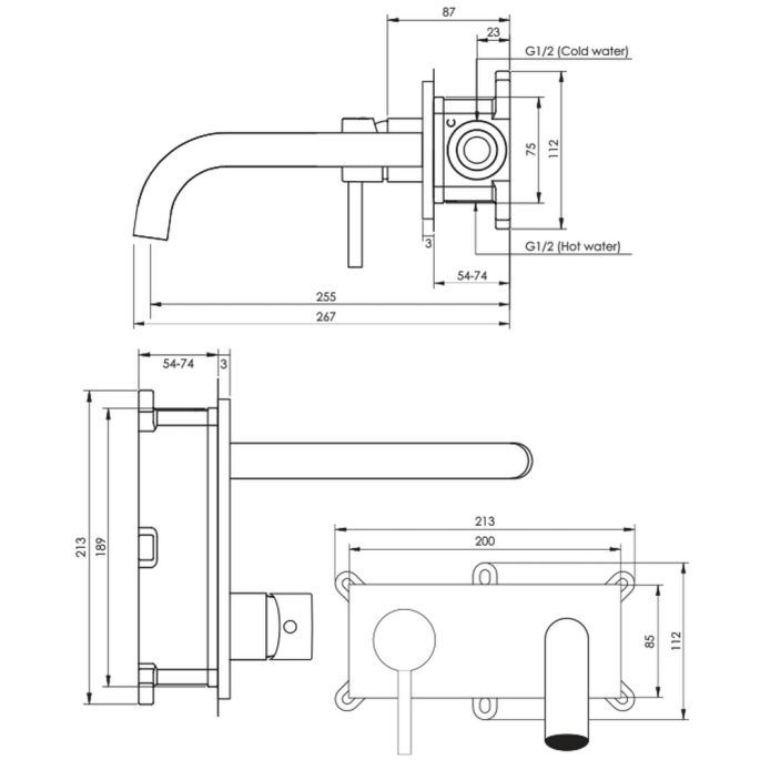 Brauer Edition 5-S-083-B5 inbouw wastafelmengkraan met gebogen uitloop en afdekplaat model B2 mat zwart