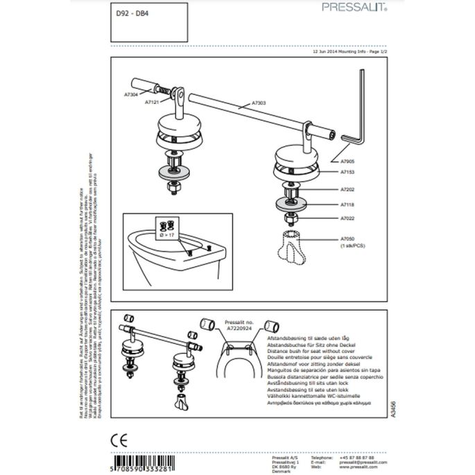 Pressalit Dania - Colani - Ergosit D92999 Scharnier mit durchgehendem Stift, Standardbefestigung Chrom (2er-Set)