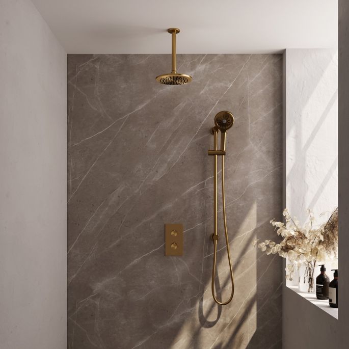 BrauerCarving 5-GG-143 thermostatic concealed rain shower 3-way diverter SET 47 gold brushed PVD