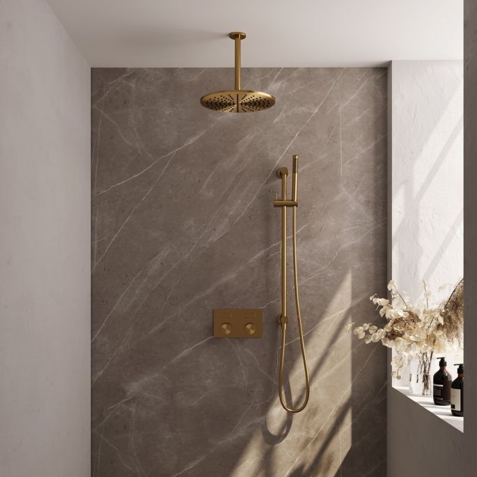 Brauer Carving 5-GG-201 thermostatische inbouw regendouche met drukknoppen SET 66 goud geborsteld PVD