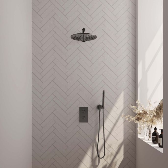 Brauer Carving 5-GM-122 thermostatische inbouw regendouche 3-weg omstelling SET 26 gunmetal geborsteld PVD