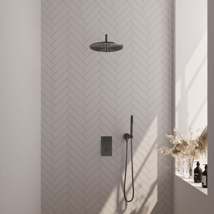 Brauer Carving 5-GM-124 thermostatische inbouw regendouche 3-weg omstelling SET 28 gunmetal geborsteld PVD
