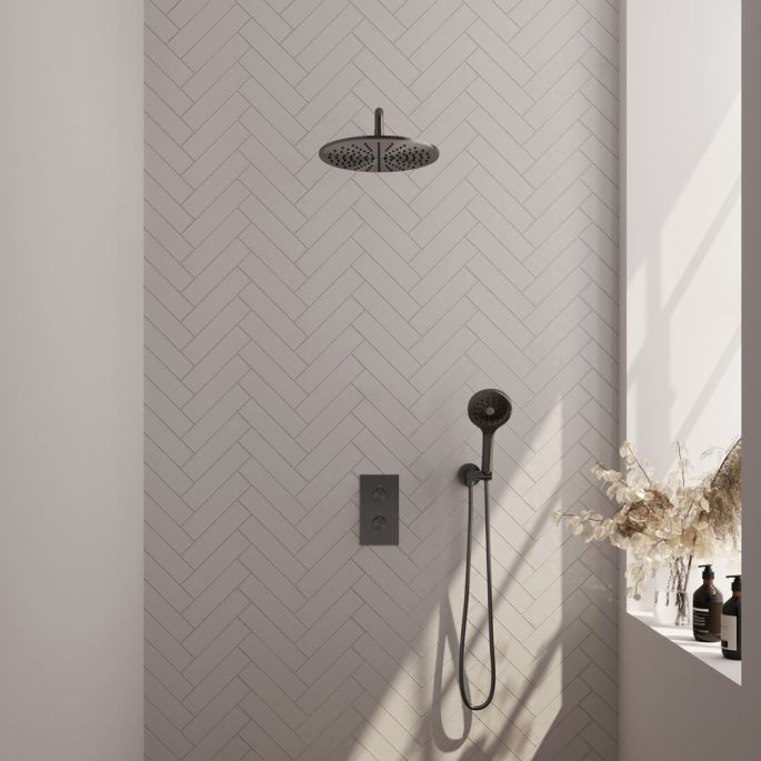 Brauer Carving 5-GM-130 thermostatische inbouw regendouche 3-weg omstelling SET 34 gunmetal geborsteld PVD