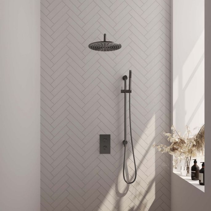 Brauer Carving 5-GM-136 thermostatische inbouw regendouche 3-weg omstelling SET 40 gunmetal geborsteld PVD