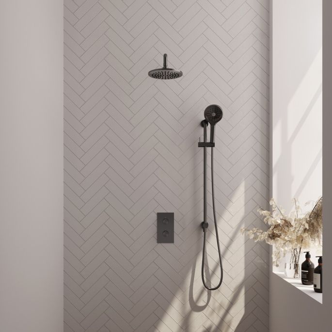 Brauer Carving 5-GM-141 thermostatische inbouw regendouche 3-weg omstelling SET 45 gunmetal geborsteld PVD