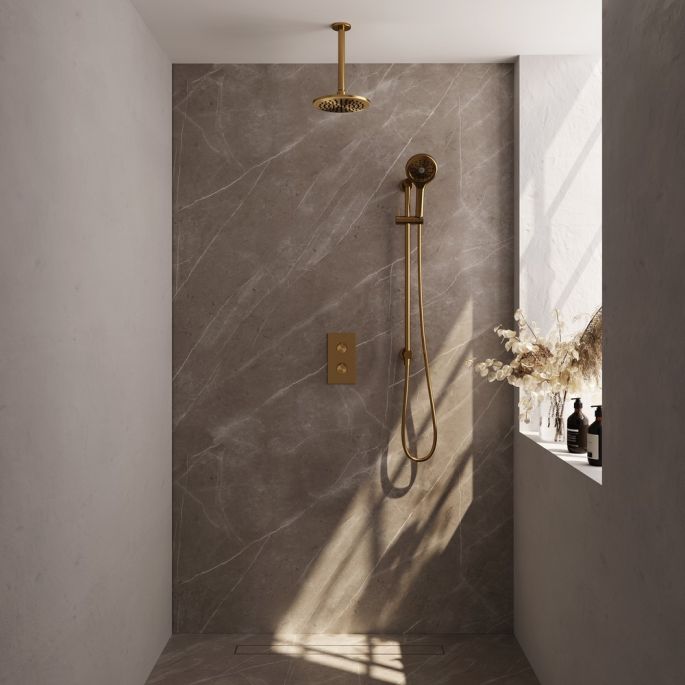 BrauerCarving 5-GG-143 thermostatic concealed rain shower 3-way diverter SET 47 gold brushed PVD