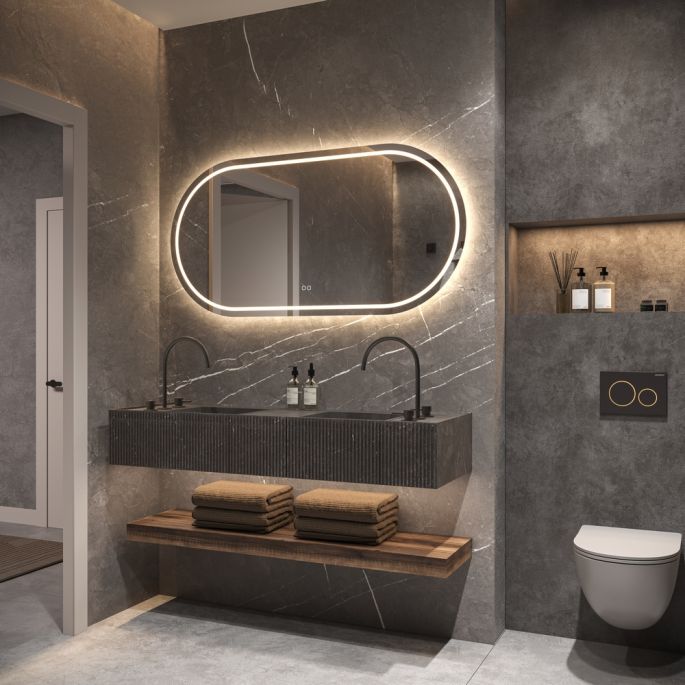 Phantom Mirrors Serie 005 005.100.70 ovaal rechte LED spiegel, 100x70 cm met directe en indirecte led rondom