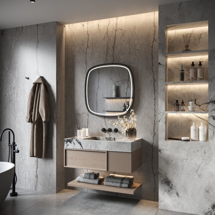 Phantom Mirrors Serie 008 008.60.60 Deens ovale LED spiegel op zwart frame, 60 cm met directe en indirecte led rondom