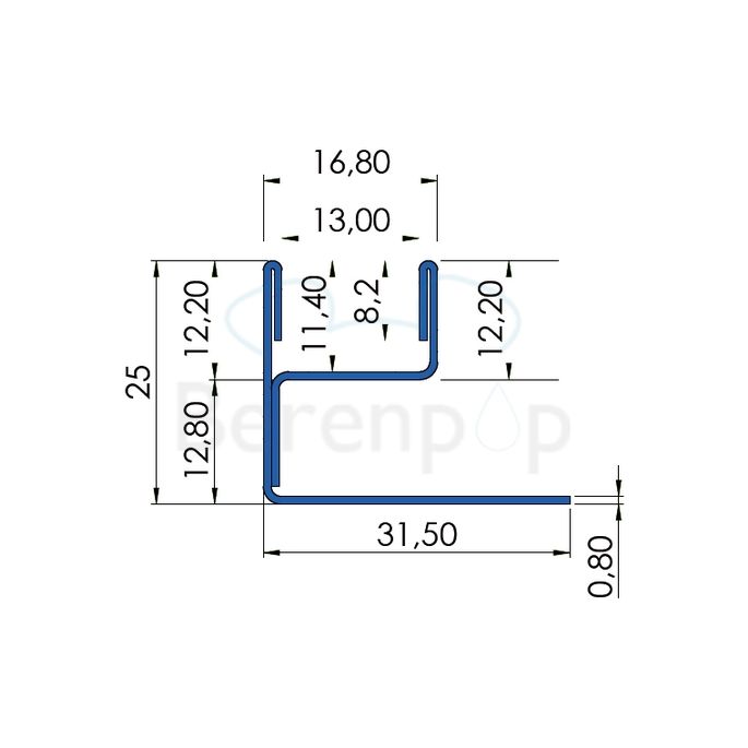 Blanke Aqua Glas 204280B210 glasprofiel 2100x25x12mm RVS geborsteld geborsteld