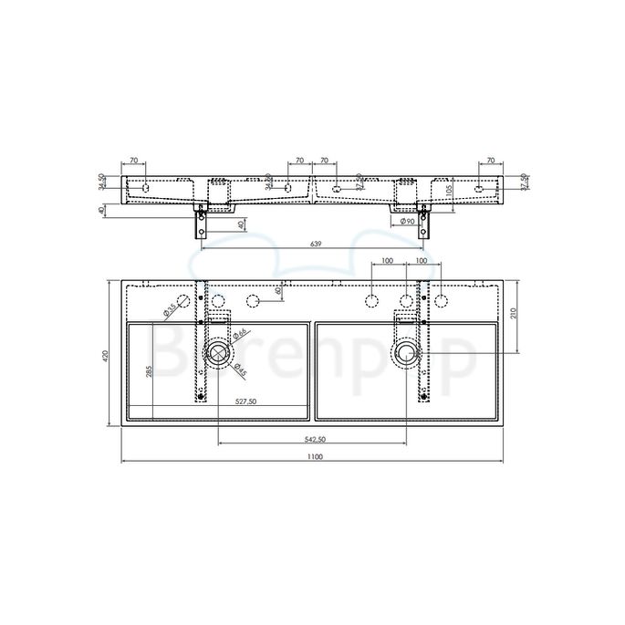 Clou Wash Me CL0226039 dubbele wastafel 110x42cm mineral marmer wit