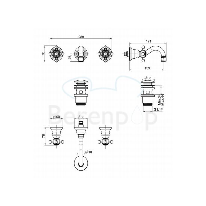 Fima Carlo Frattini Elizabeth F50815CR 3-gats wandwastafelkraan 2-greeps uitloop 16cm chroom